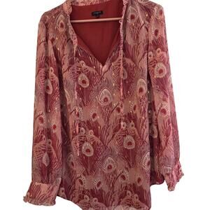 Talbots Pink Peacock Feather Ruffle Popover Blouse Metallic Accents Plus Size 1X